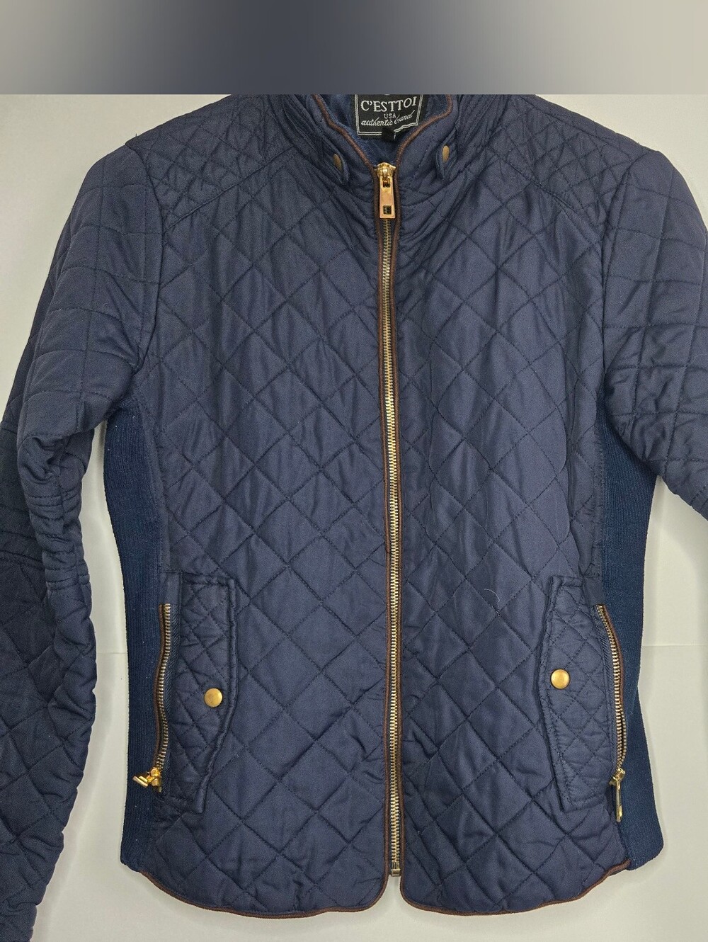 C'est Toi Quilted Navy Women's Gold Tone Zipper Motorcycle Jacket